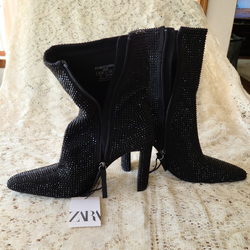 ZARA BLACK GLAM RHINESTONE HEELED ANKLE BOOTS SIZE 6 1/2 - Picture 9 of 10